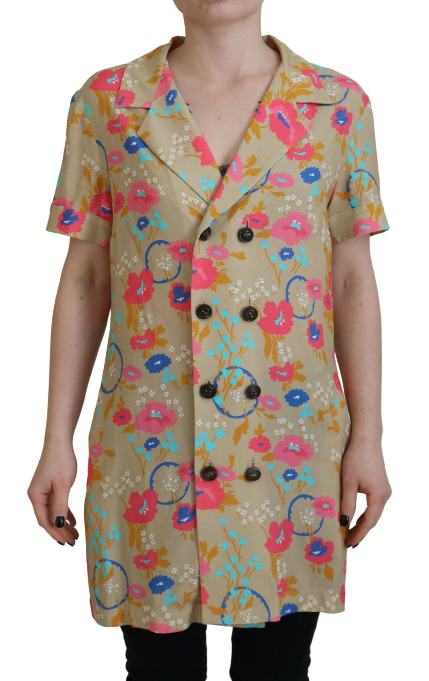 - Multicolor Printed Collared Button Front Long Blouse Top
