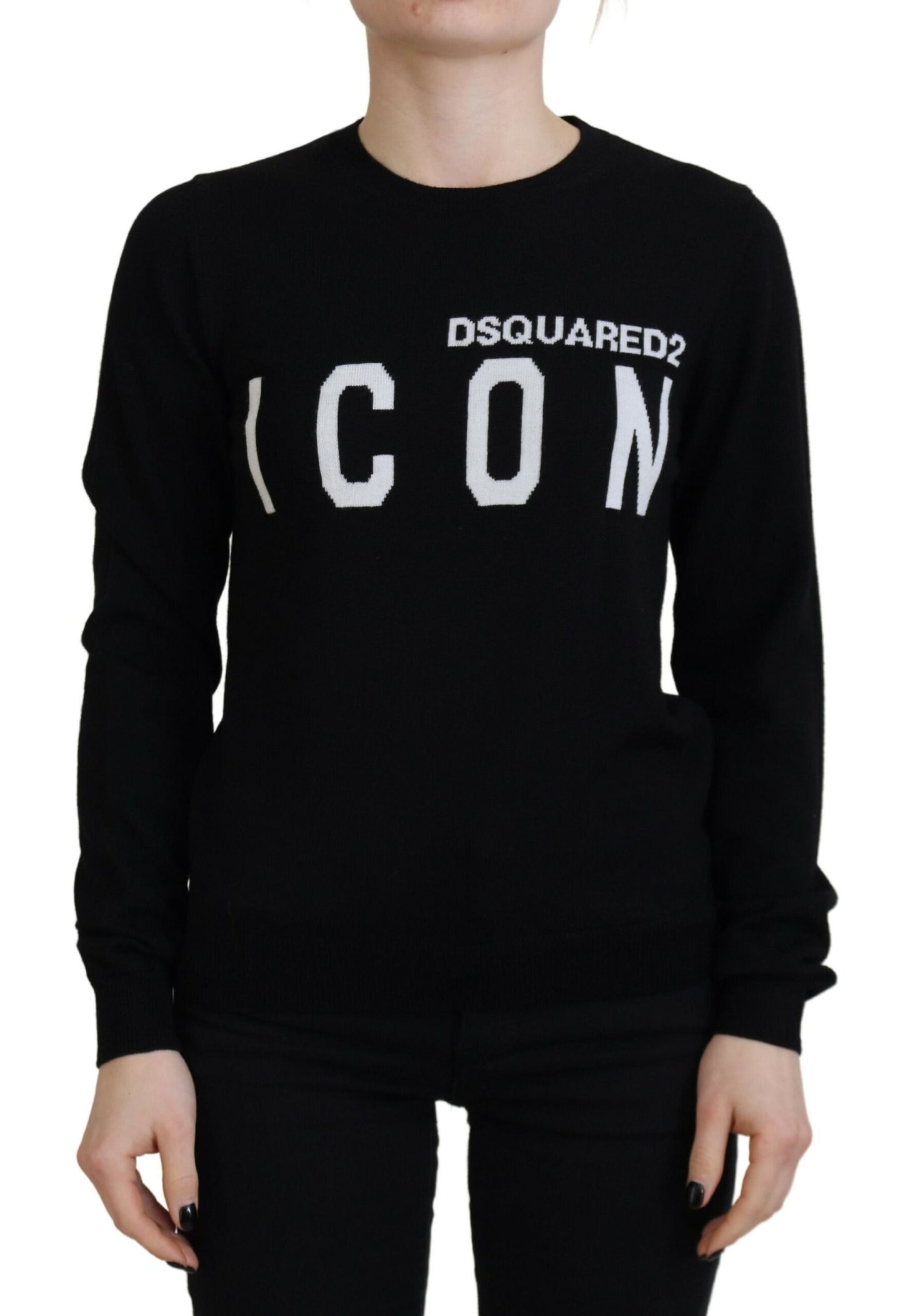 - Black Virgin Wool Logo Print Long Sleeves Sweater