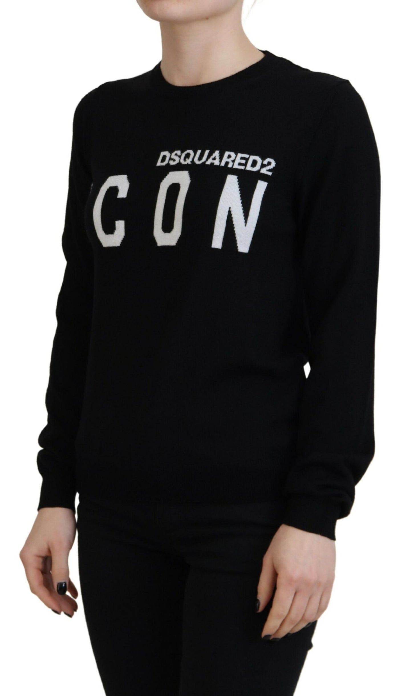 - Black Virgin Wool Logo Print Long Sleeves Sweater