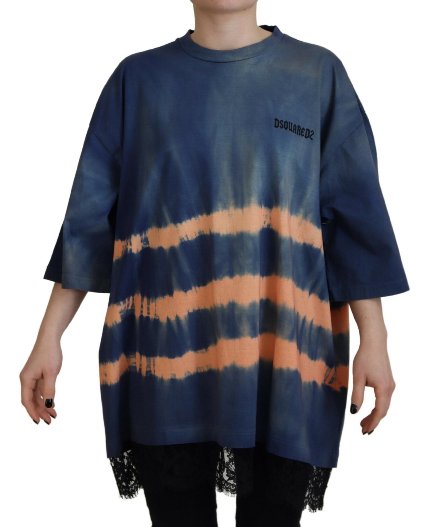 - Blue Cotton Tie Dye Short Sleeves Lace T-shirt