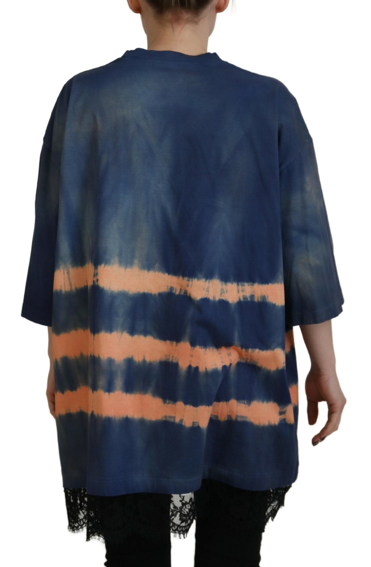 - Blue Cotton Tie Dye Short Sleeves Lace T-shirt