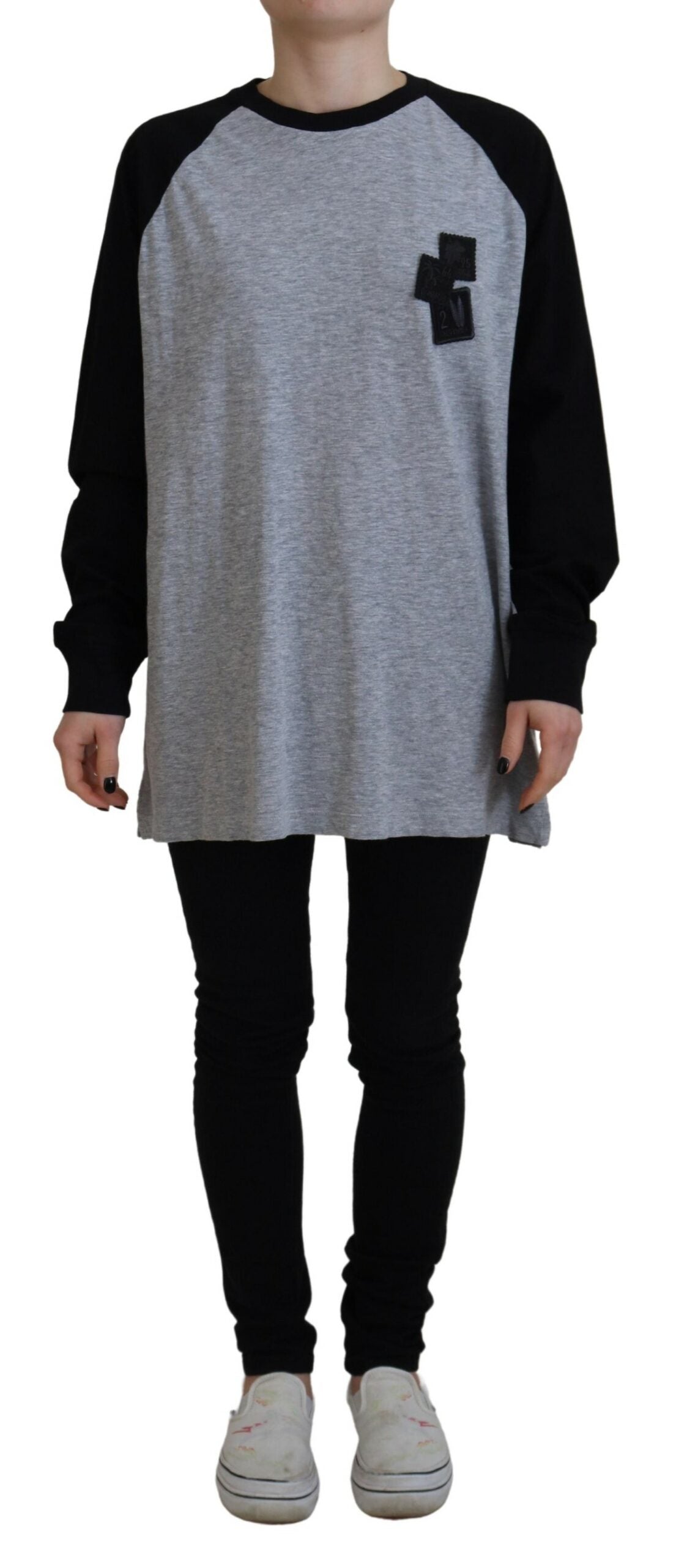 - Black Gray Cotton Raglan Long Sleeves Casual Top