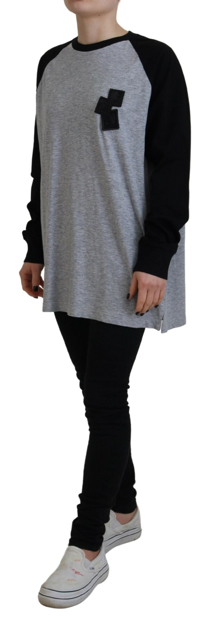 - Black Gray Cotton Raglan Long Sleeves Casual Top
