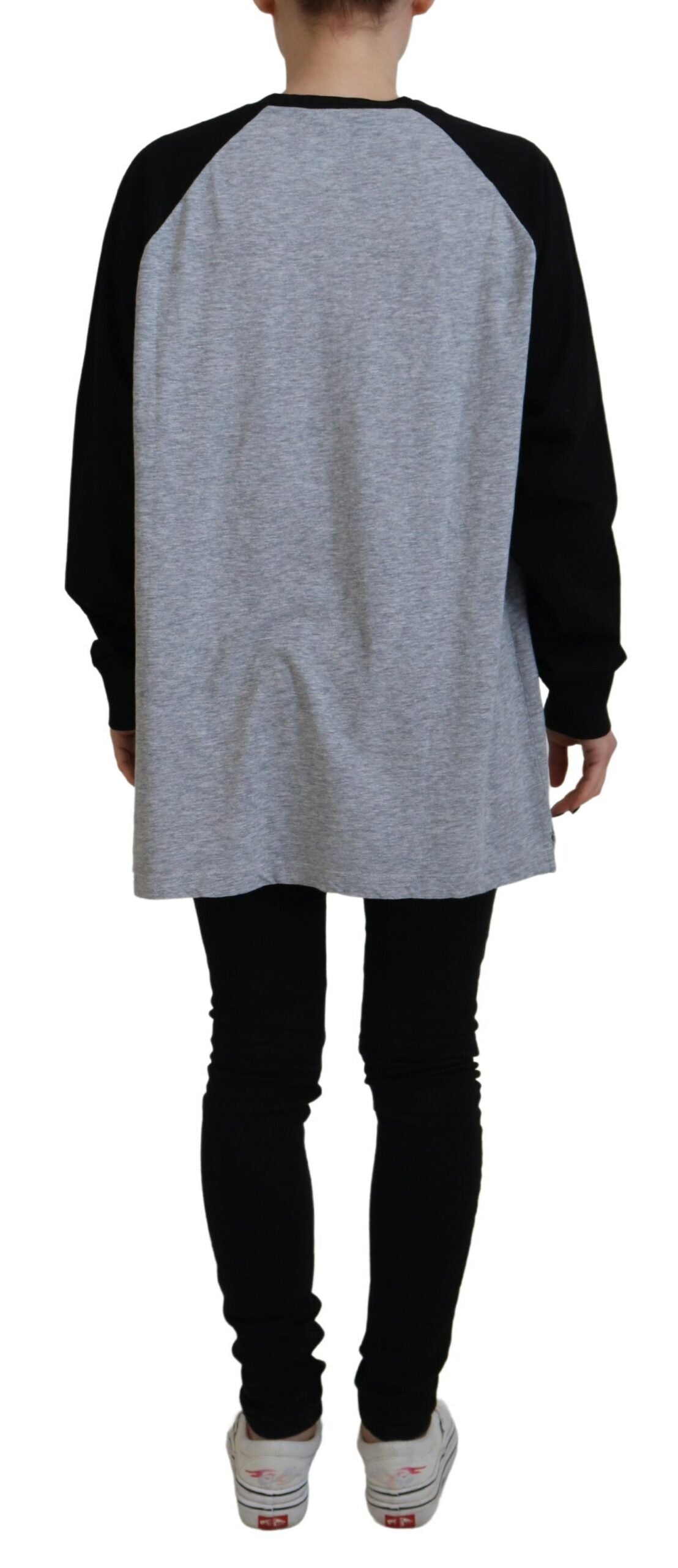 - Black Gray Cotton Raglan Long Sleeves Casual Top