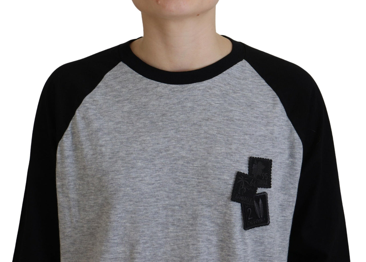 - Black Gray Cotton Raglan Long Sleeves Casual Top