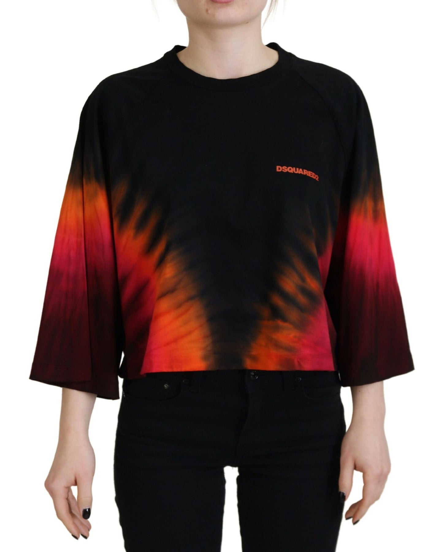 - Black Cotton Tie Dye Crew Neck Casual Top