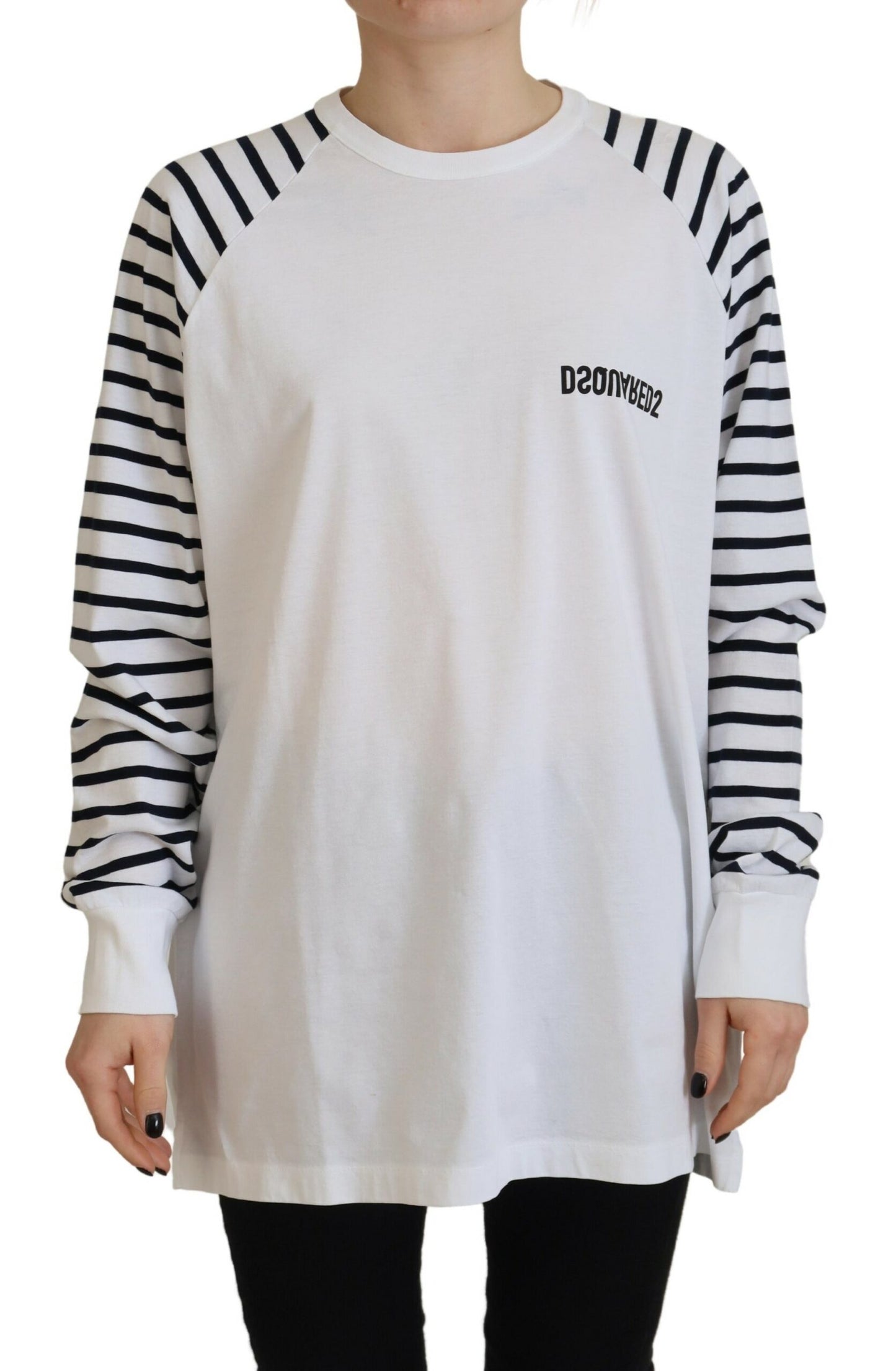 - White Cotton Striped Crew Neck Short Sleeve Sweater