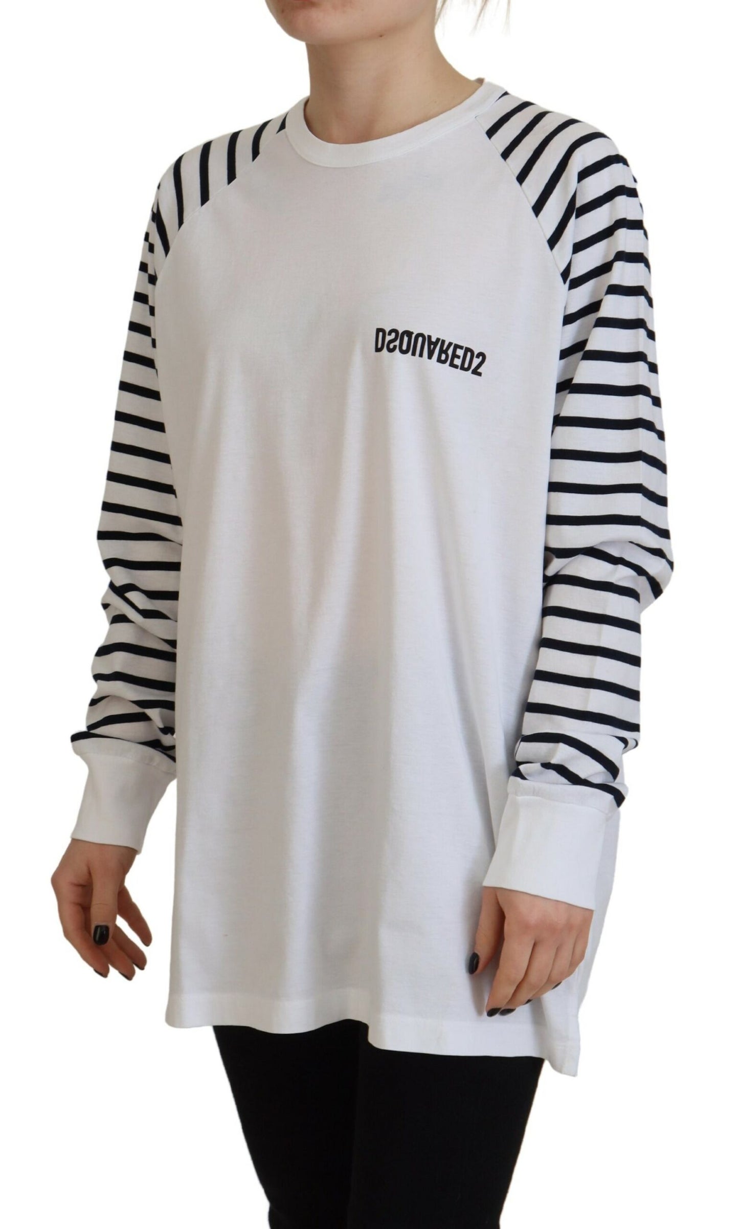 - White Cotton Striped Crew Neck Short Sleeve Sweater