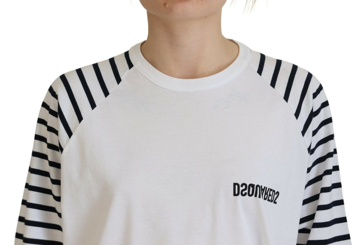 - White Cotton Striped Crew Neck Short Sleeve Sweater