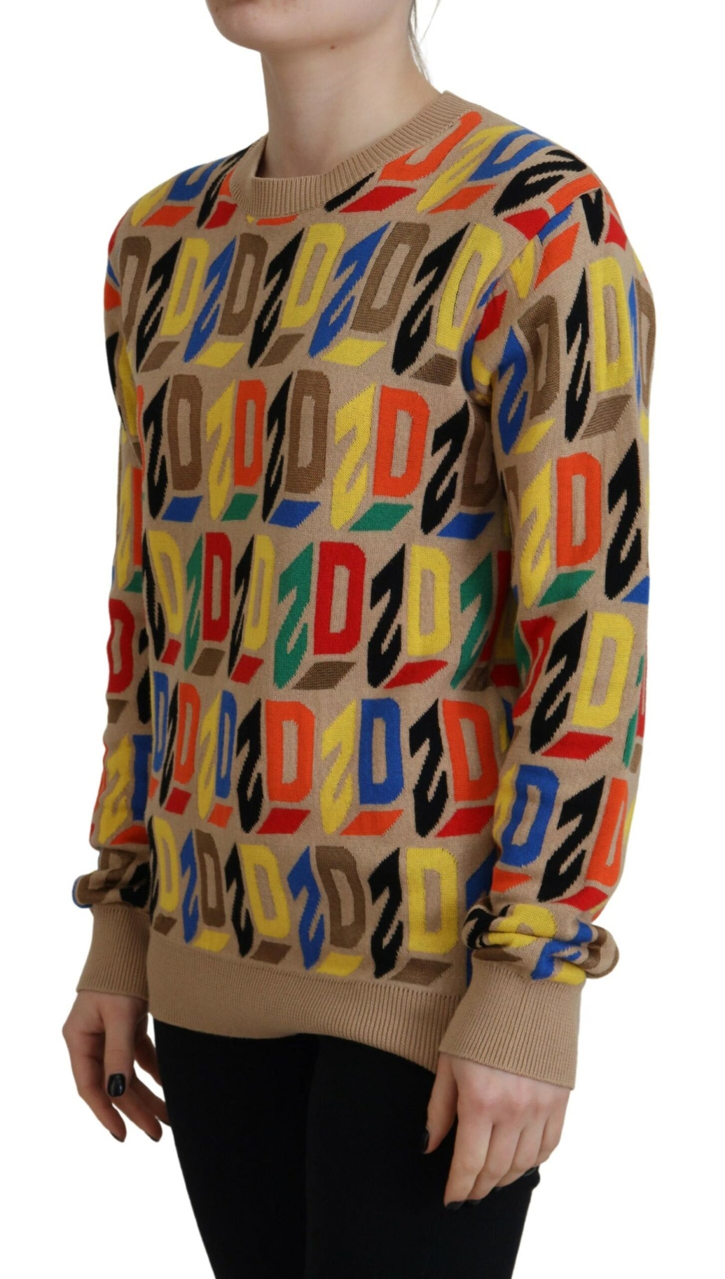 - Brown Cotton Long Sleeve Crew Neck Printed Sweater