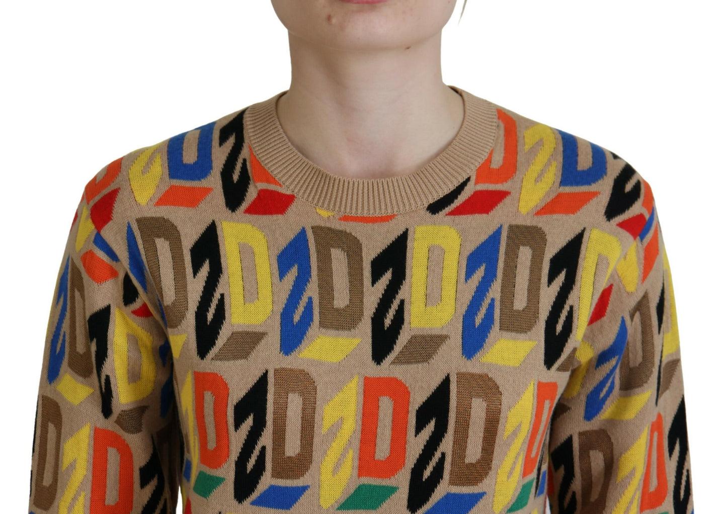 - Brown Cotton Long Sleeve Crew Neck Printed Sweater