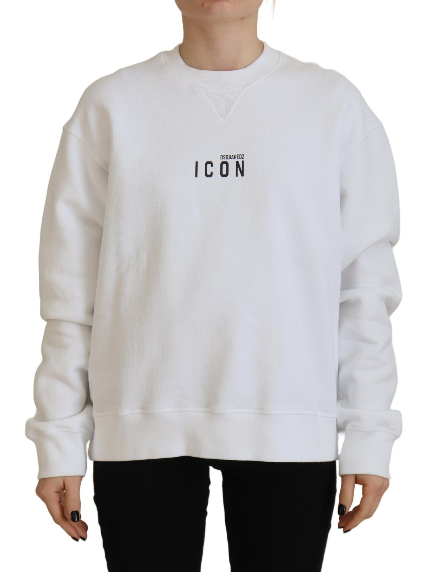 - White Cotton Printed Long Sleeve Crew Neck Sweater