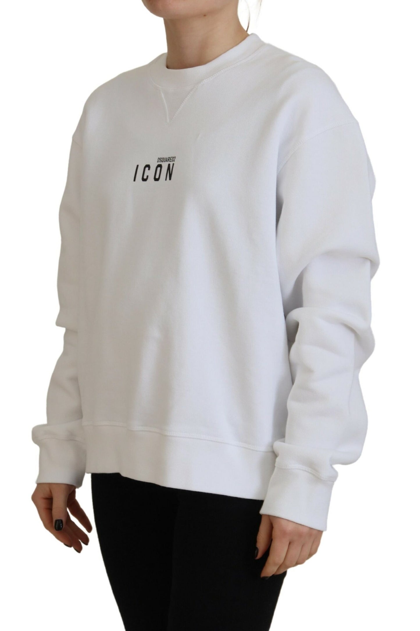 - White Cotton Printed Long Sleeve Crew Neck Sweater