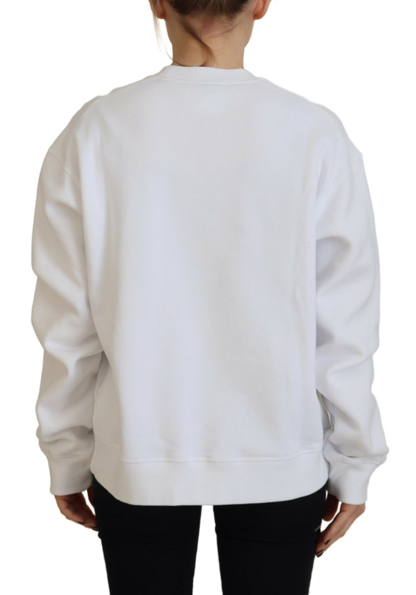 - White Cotton Printed Long Sleeve Crew Neck Sweater
