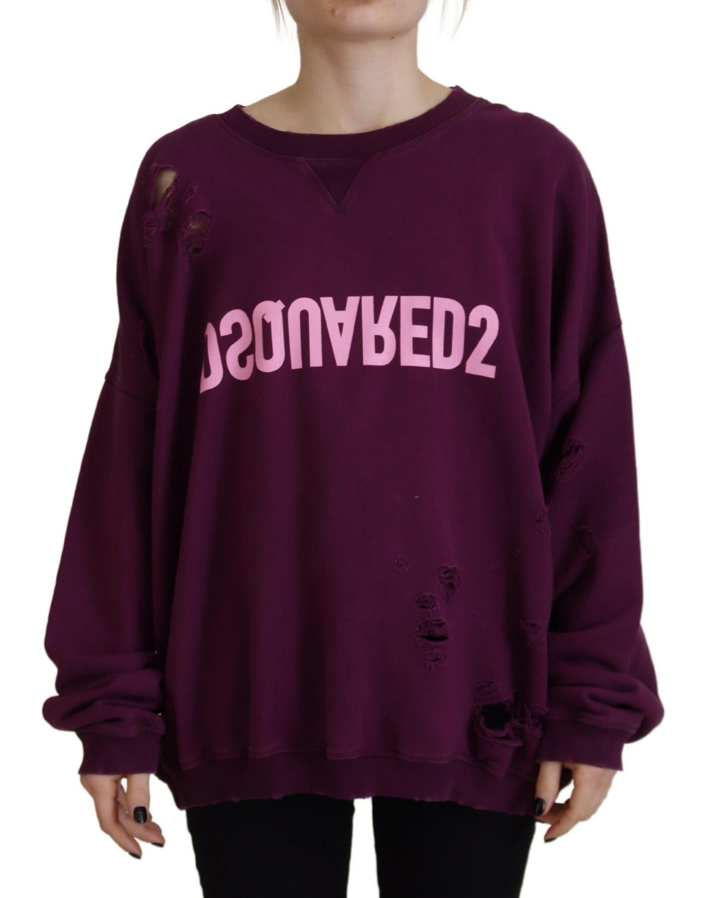 - Purple Cotton Distressed Printed Long Sleeve Sweater