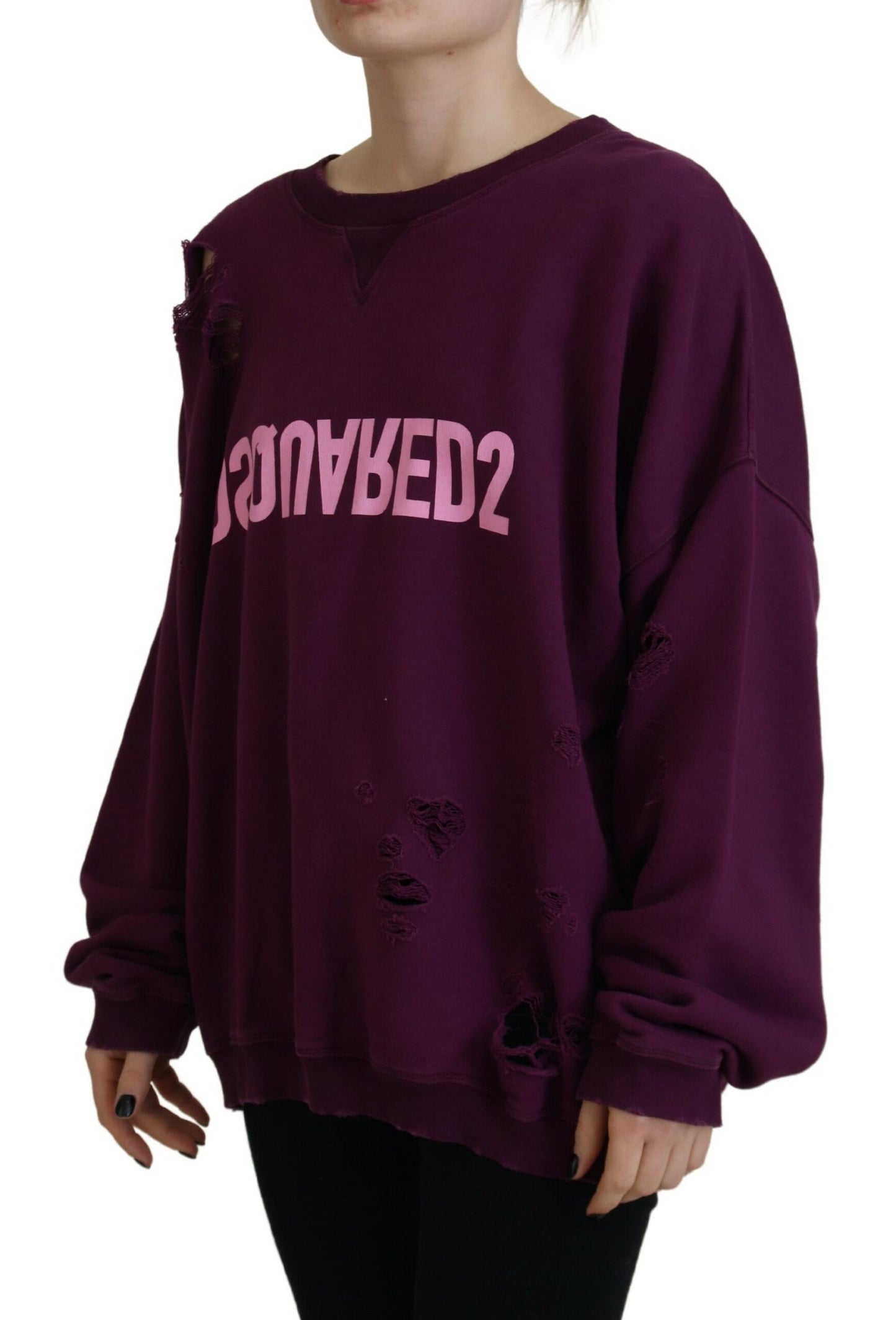 - Purple Cotton Distressed Printed Long Sleeve Sweater