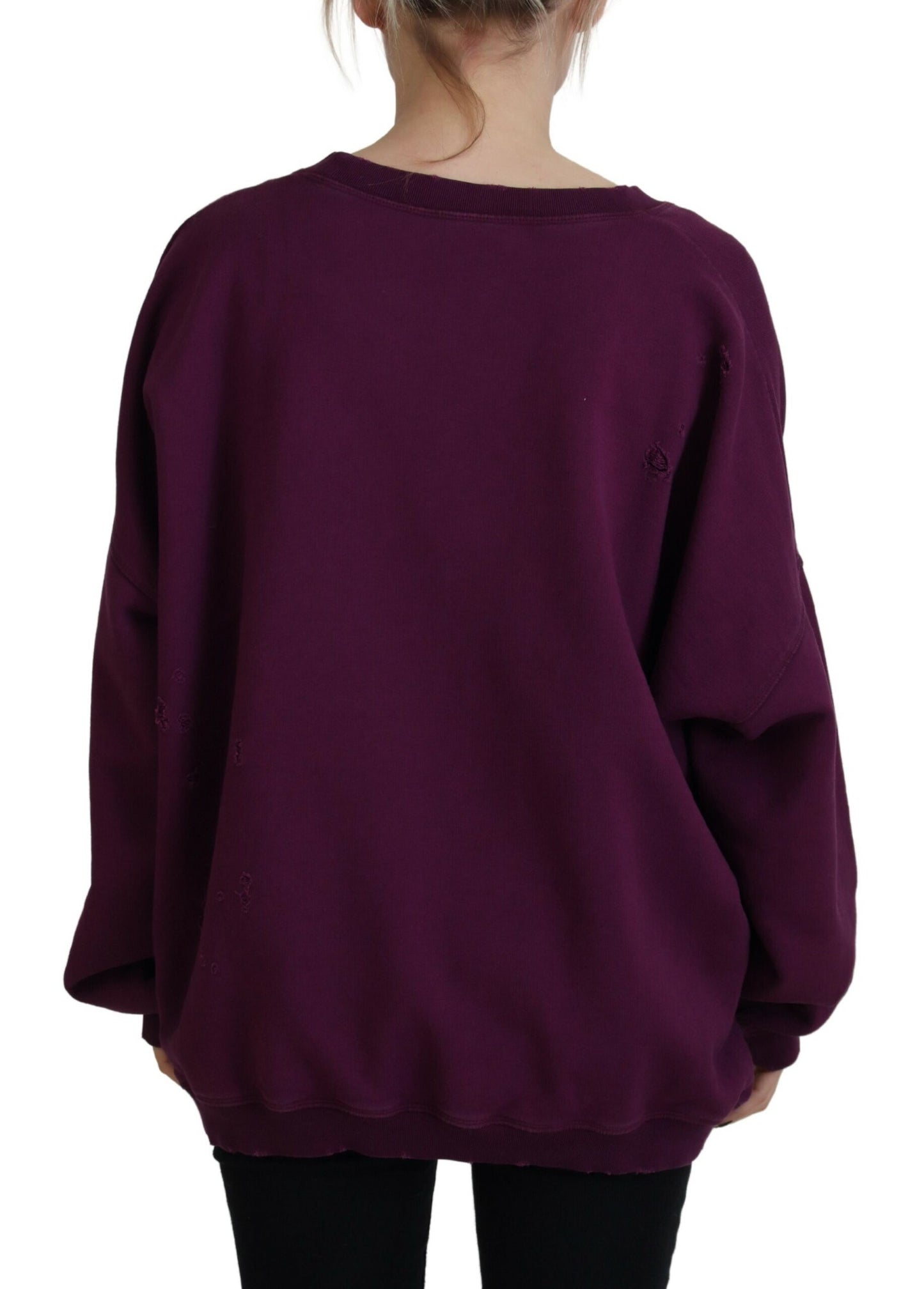 - Purple Cotton Distressed Printed Long Sleeve Sweater