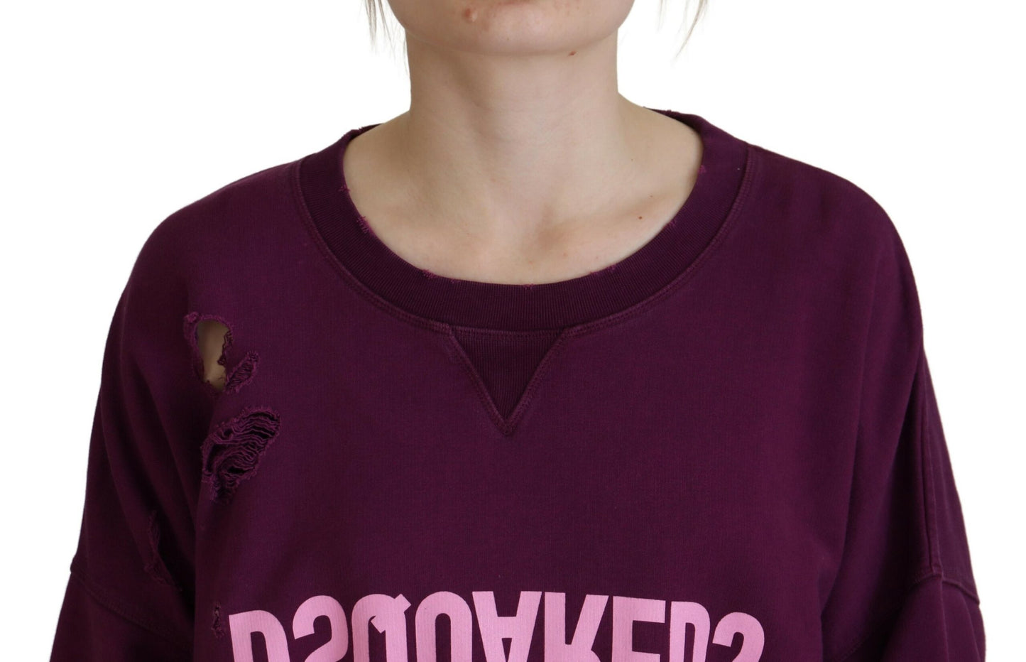- Purple Cotton Distressed Printed Long Sleeve Sweater