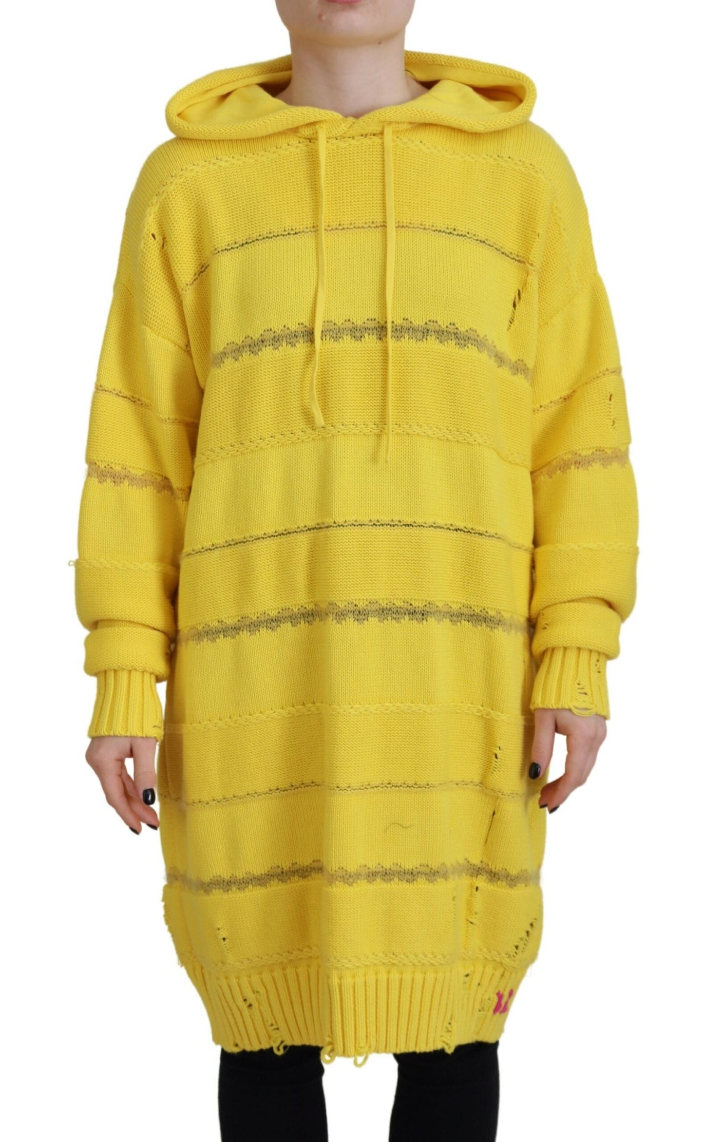 - Yellow Cotton Knitted Hooded Pullover Sweater