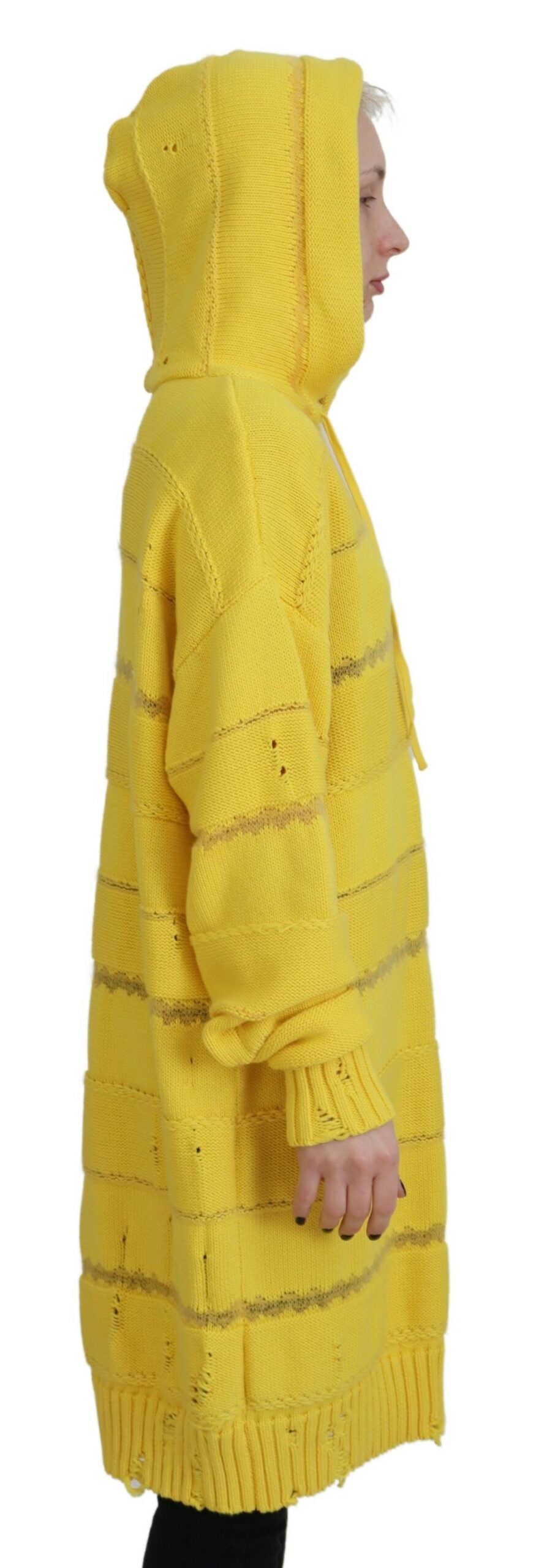 - Yellow Cotton Knitted Hooded Pullover Sweater