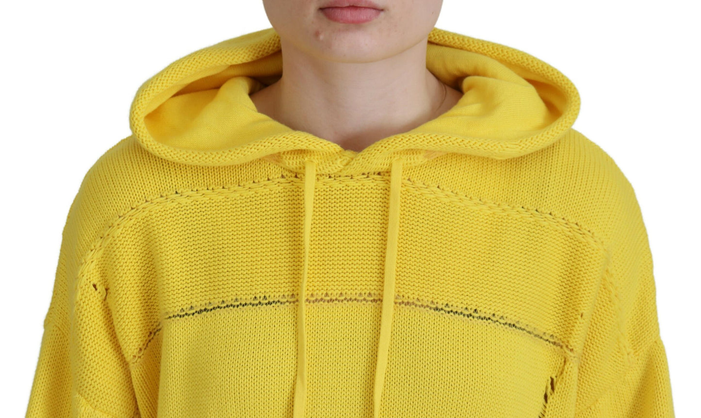 - Yellow Cotton Knitted Hooded Pullover Sweater