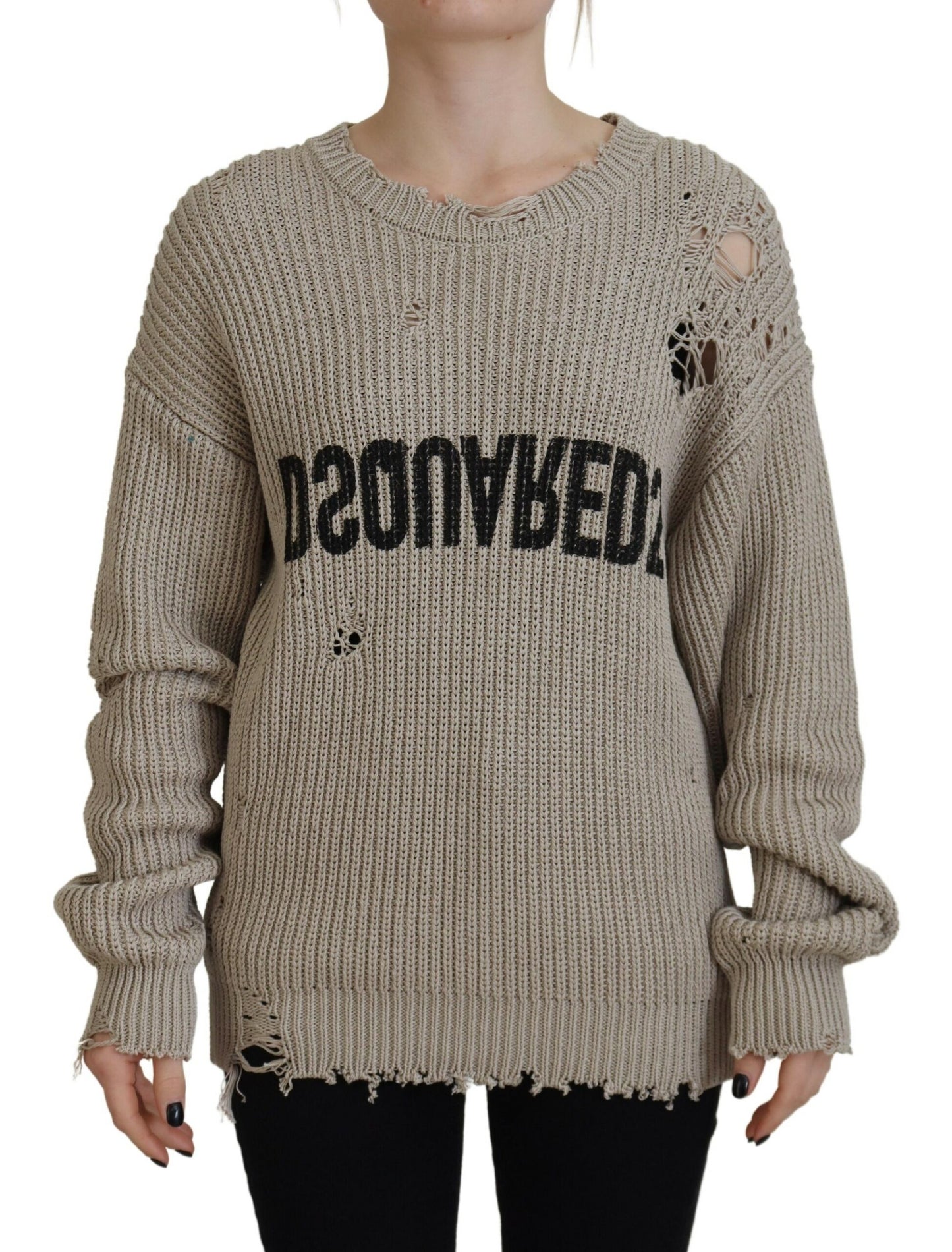 - Beige Cotton Knitted Crewneck Pullover Sweater