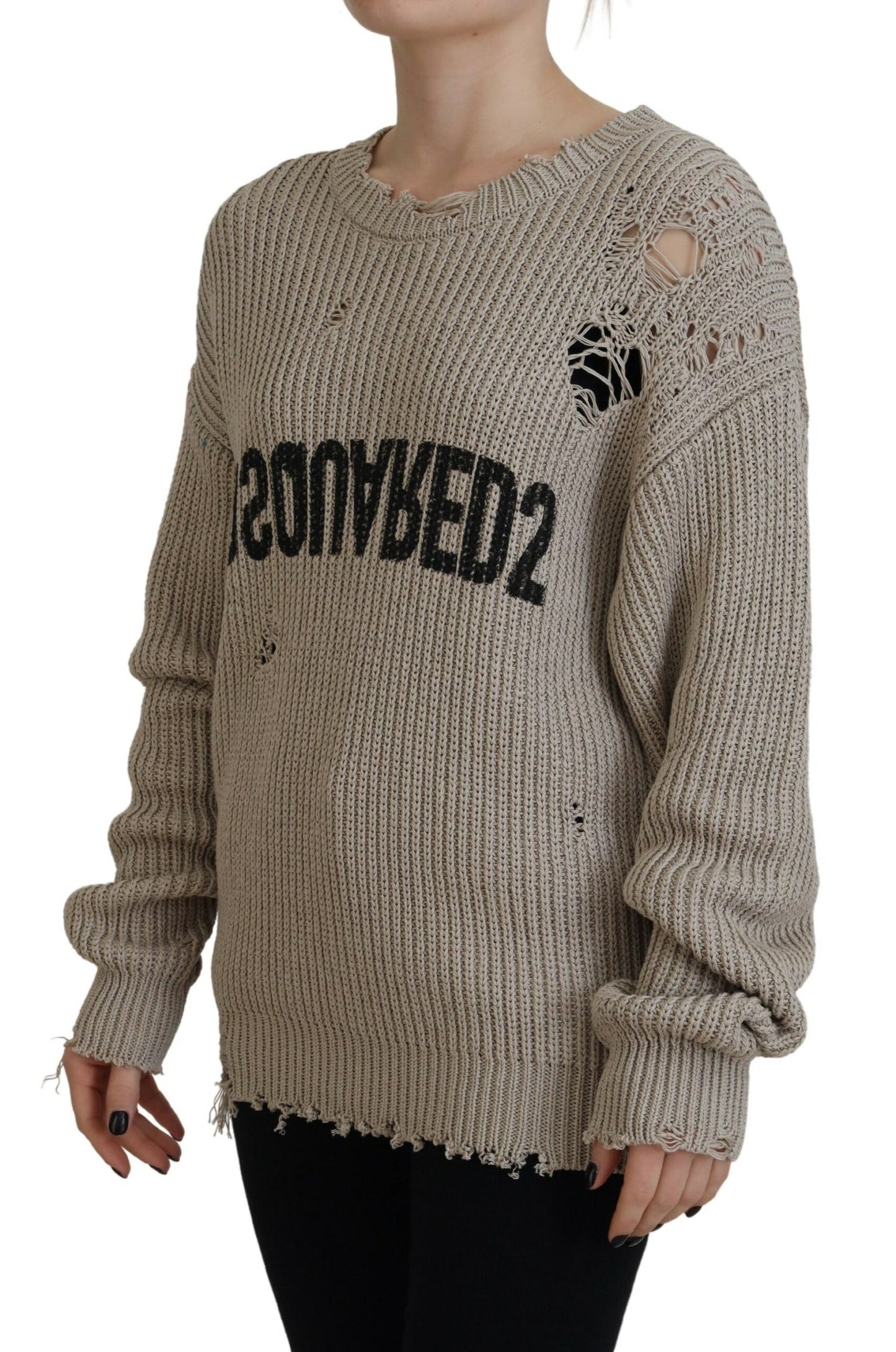 - Beige Cotton Knitted Crewneck Pullover Sweater