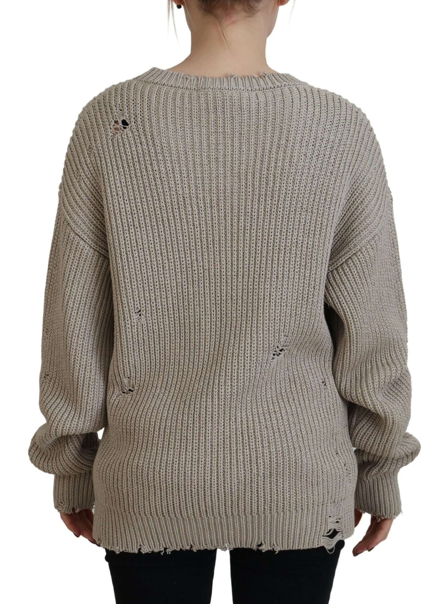 - Beige Cotton Knitted Crewneck Pullover Sweater
