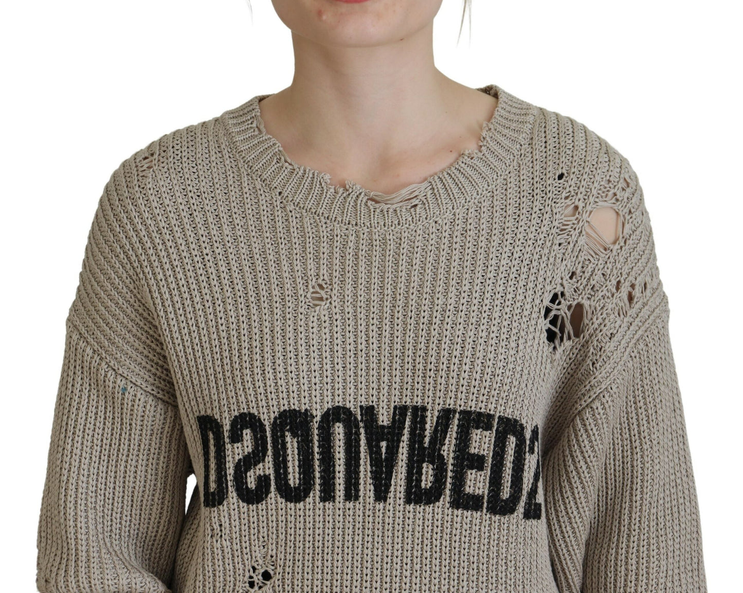 - Beige Cotton Knitted Crewneck Pullover Sweater