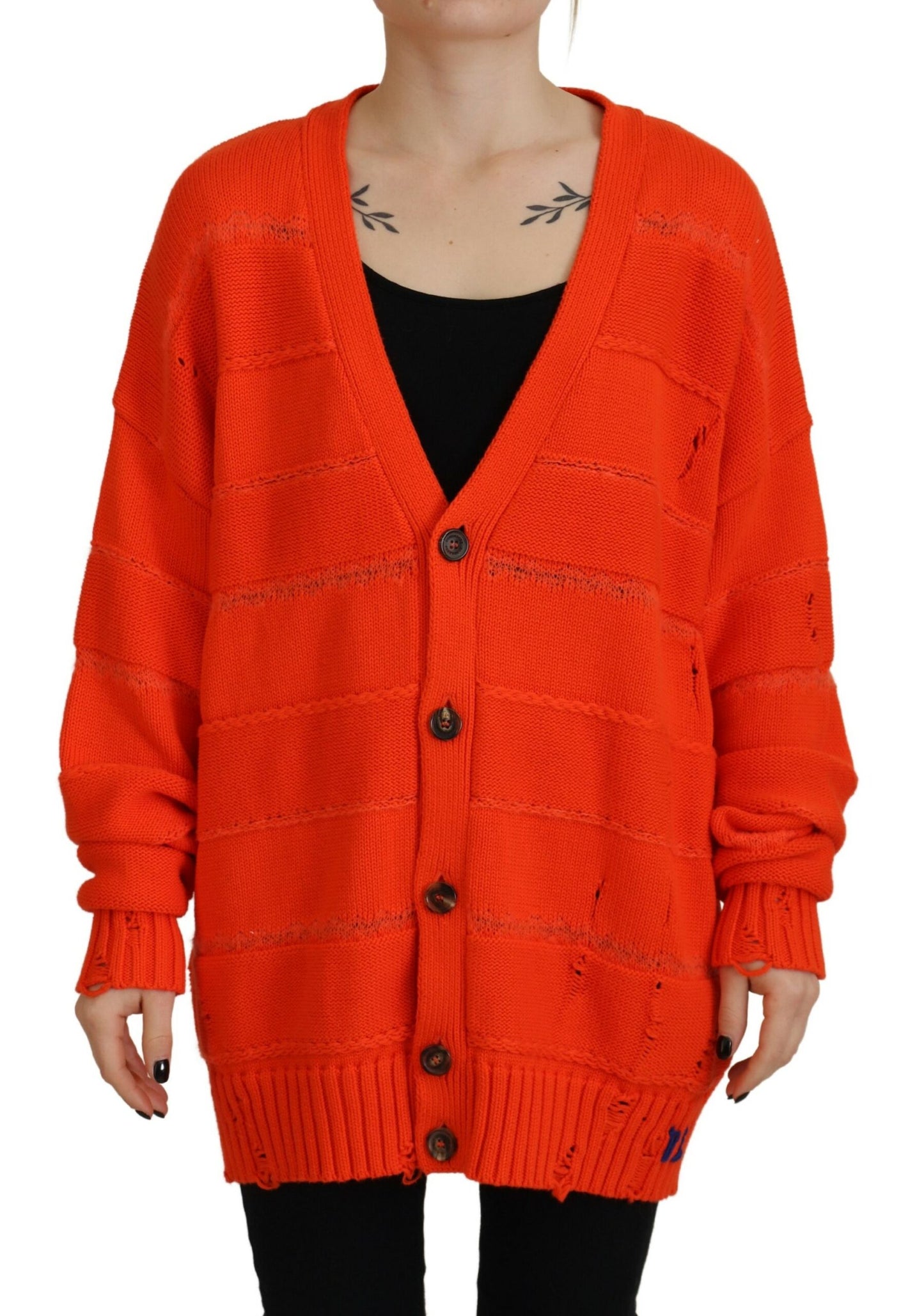 - Orange Cotton Knitted Buttoned Cardigan Sweater