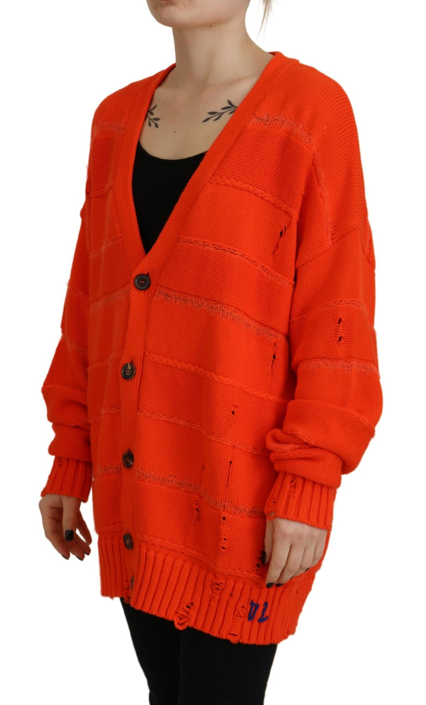 - Orange Cotton Knitted Buttoned Cardigan Sweater