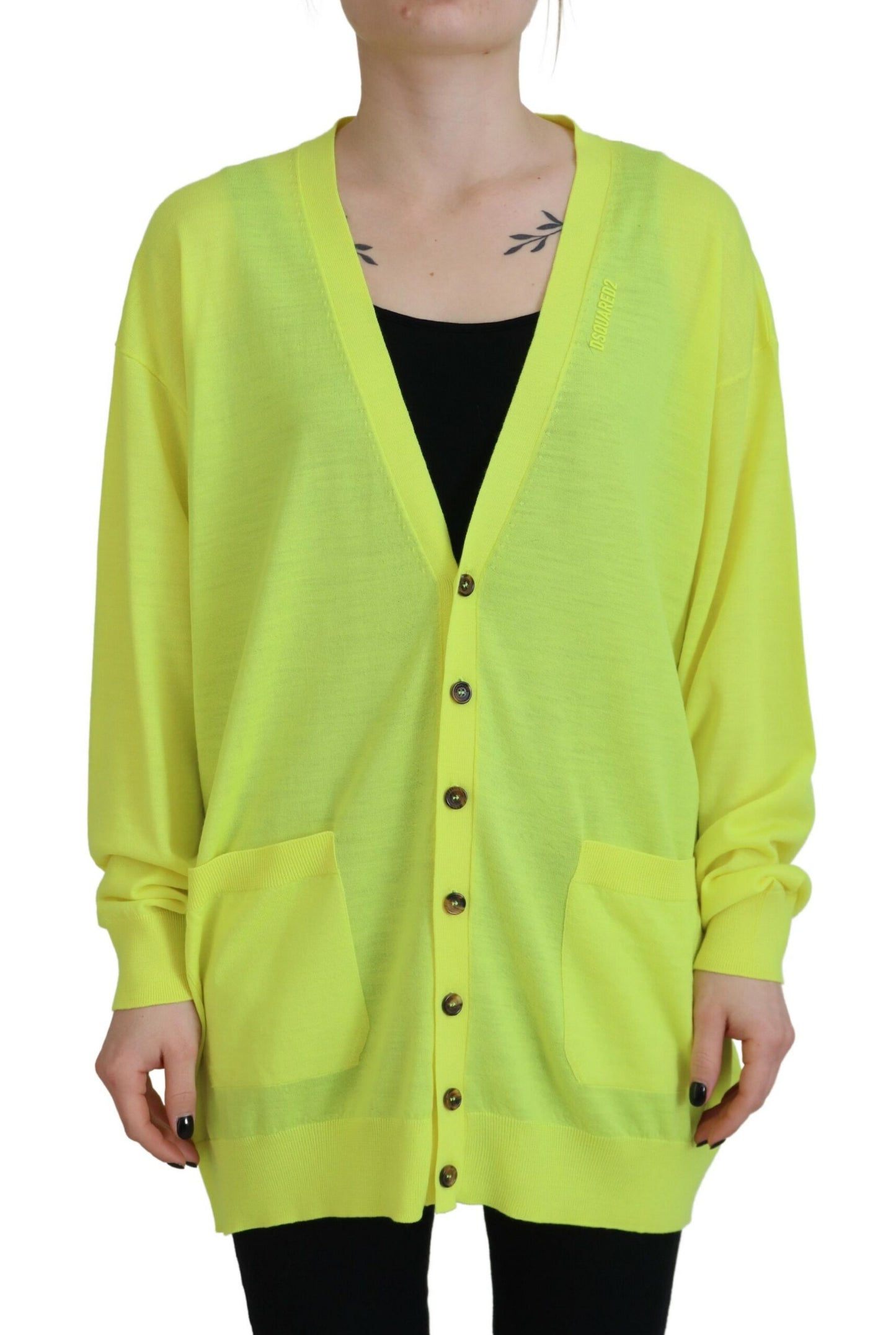- Yellow Wool Knitted Buttoned Cardigan Sweater