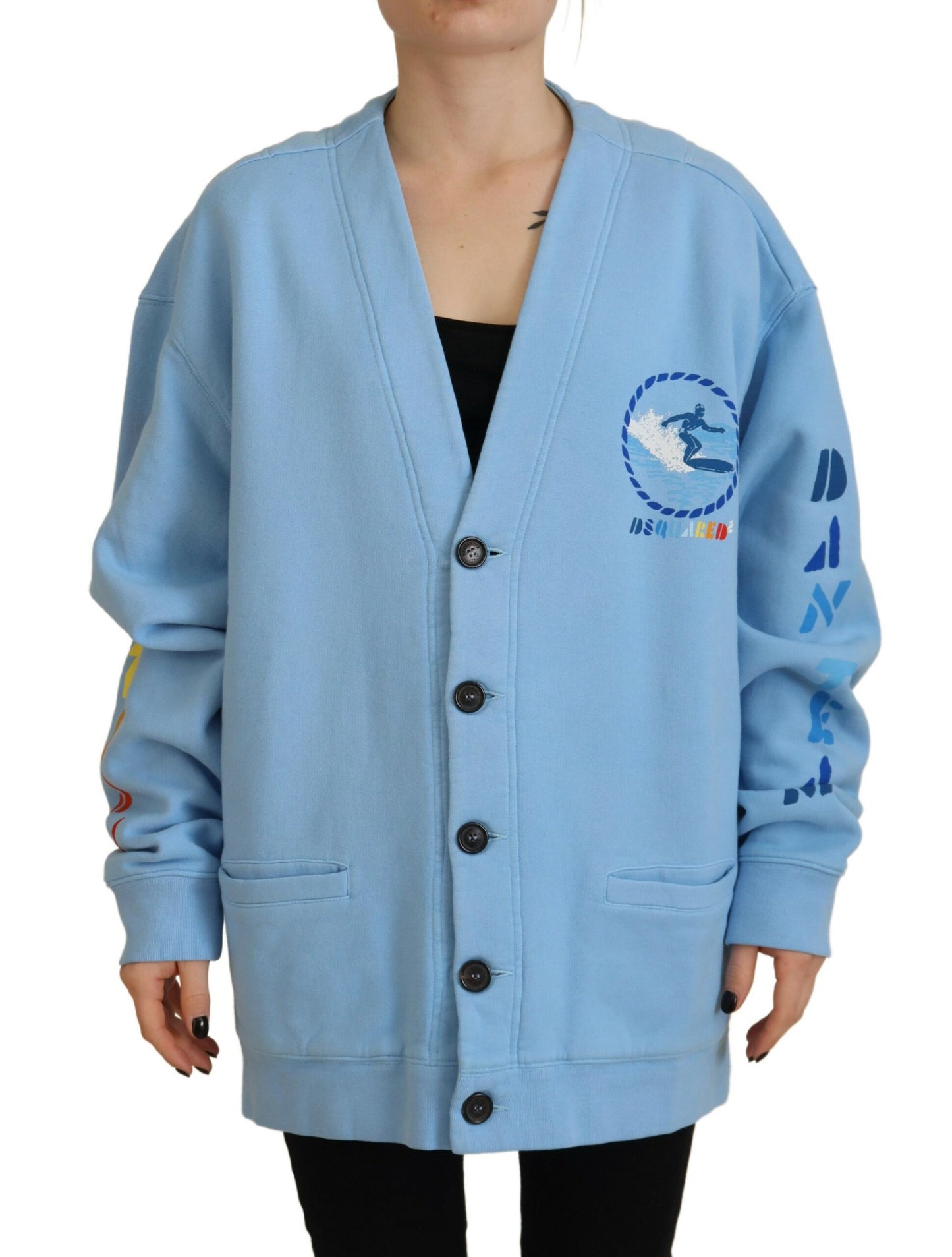 - Blue Cotton Knitted Buttoned Cardigan Sweater