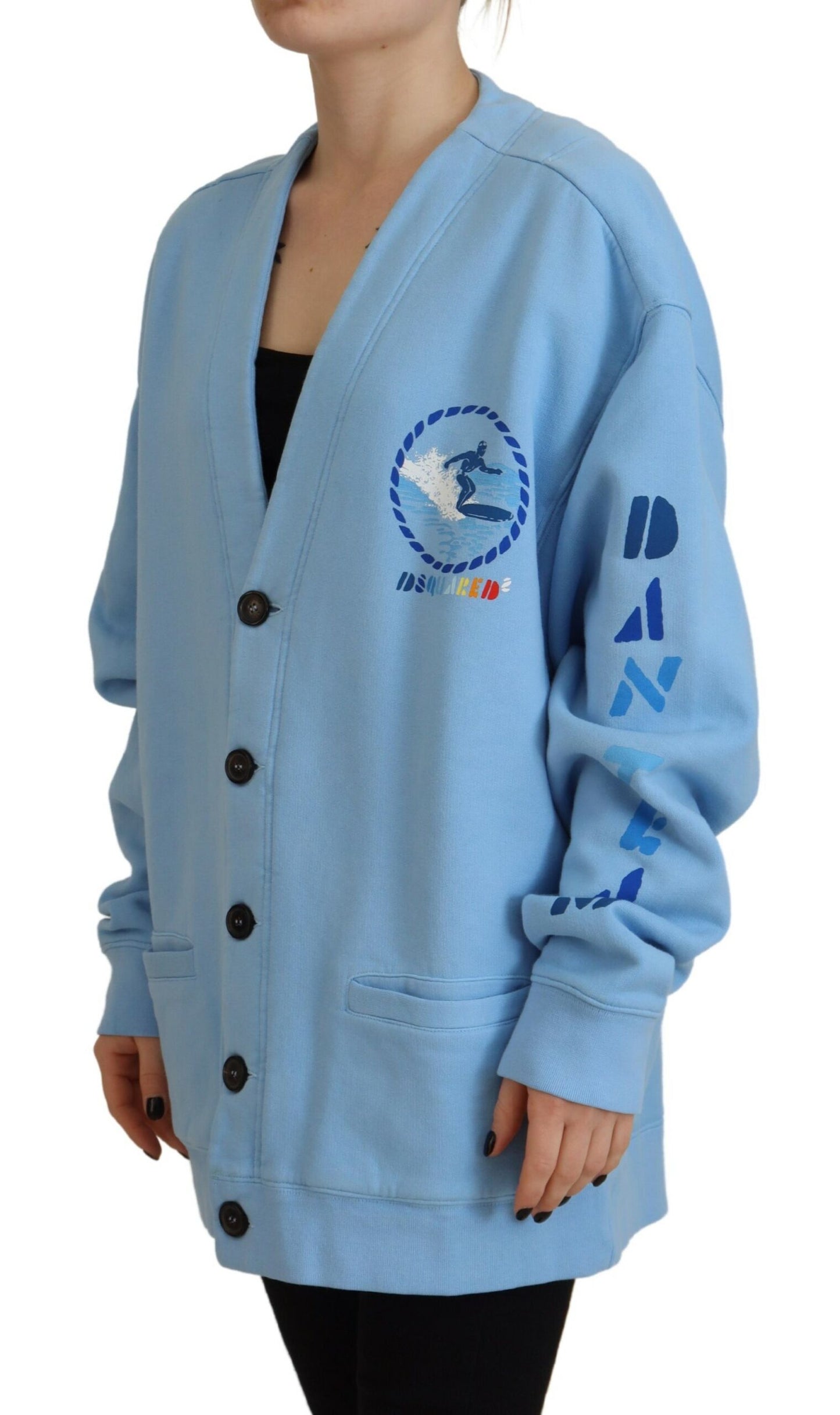 - Blue Cotton Knitted Buttoned Cardigan Sweater