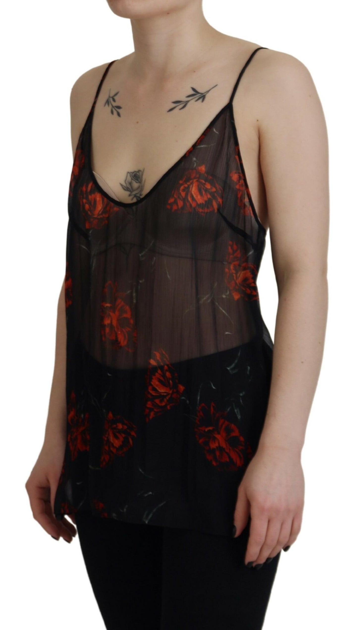 - Black Floral Print Spaghetti Strap Tank Blouse Top