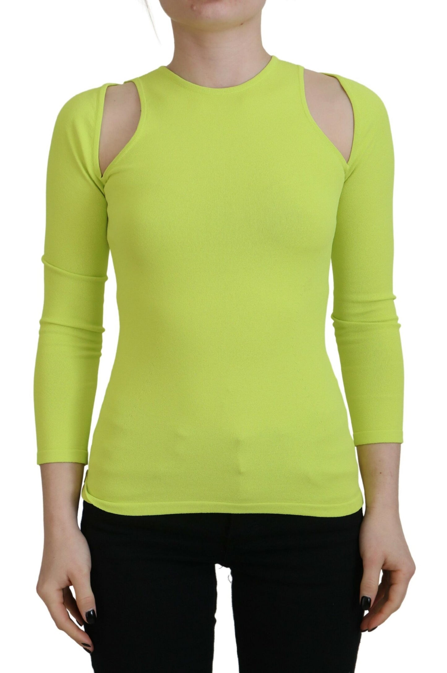 - Yellow Green Viscose Open Shoulder Long Sleeves Top