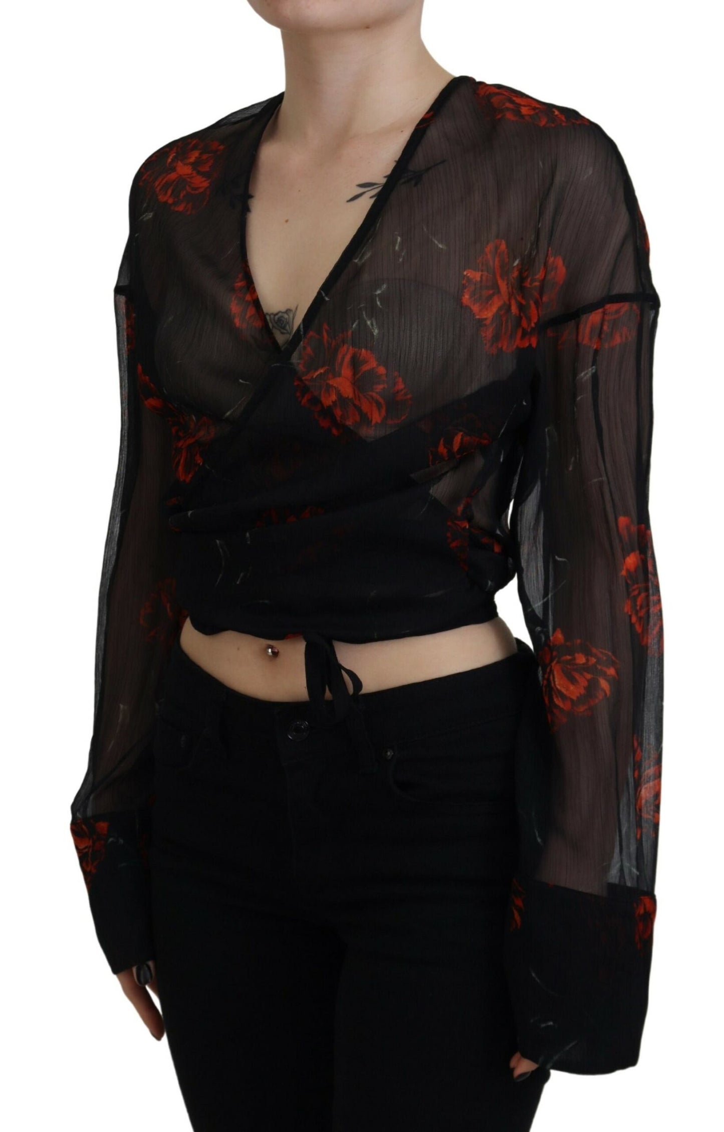 - Black Floral Print Cropped Wrap Long Sleeves Top