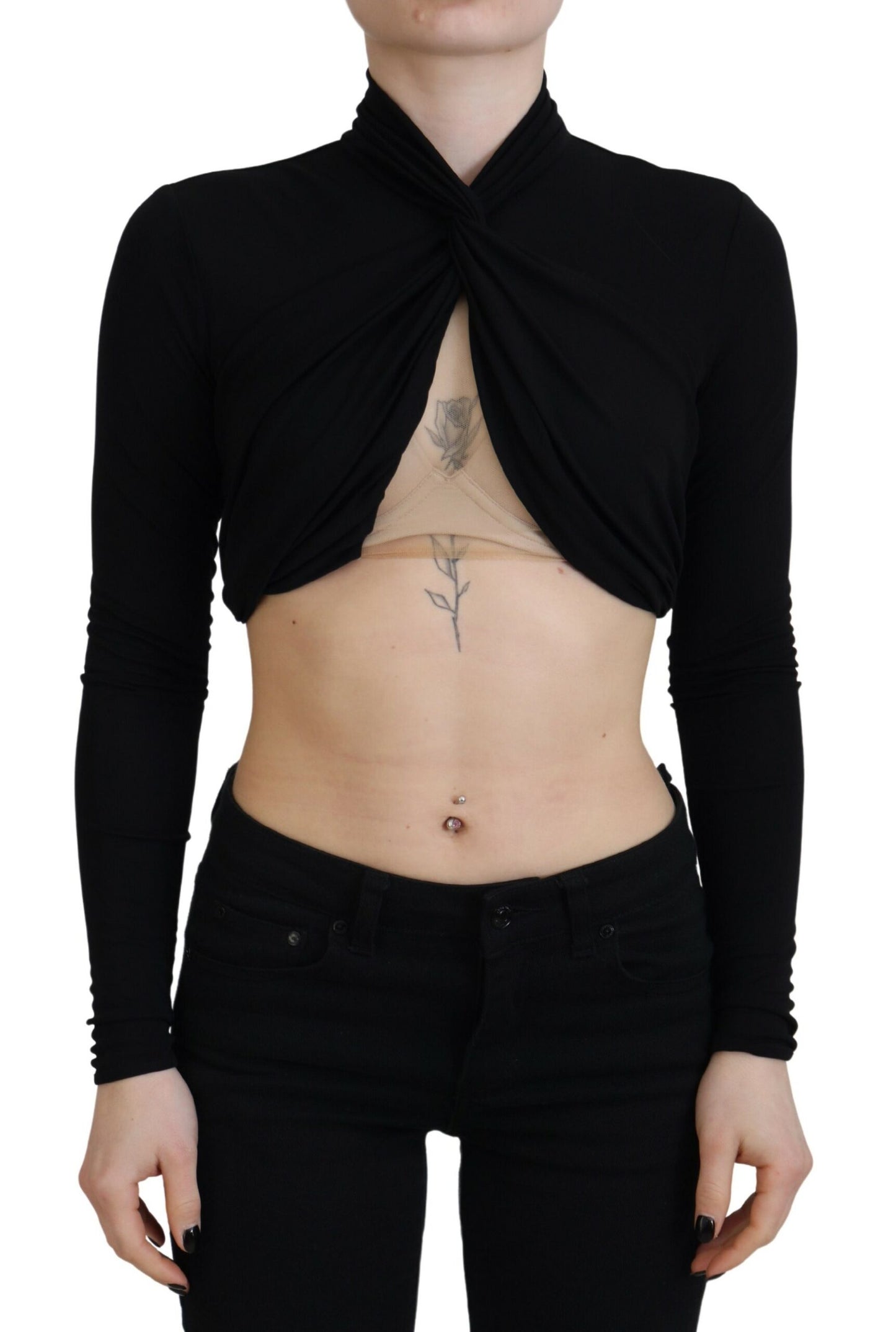 - Black Cut Out Viscose Cropped Long Sleeves Top