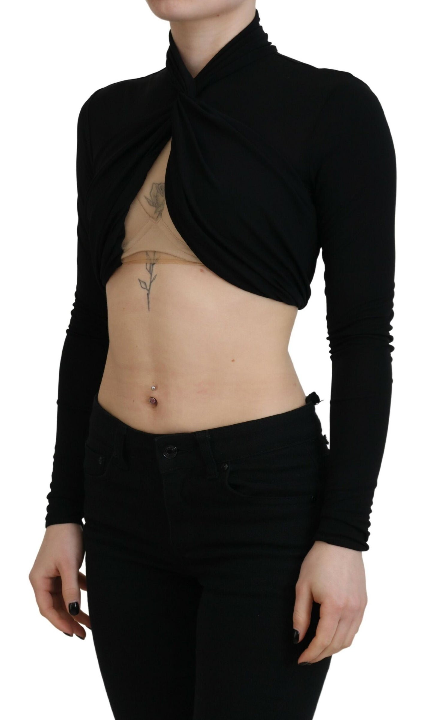 - Black Cut Out Viscose Cropped Long Sleeves Top