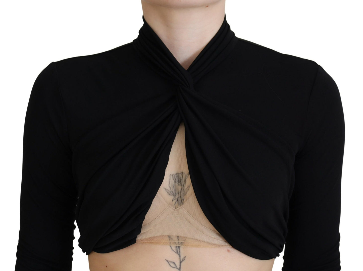 - Black Cut Out Viscose Cropped Long Sleeves Top