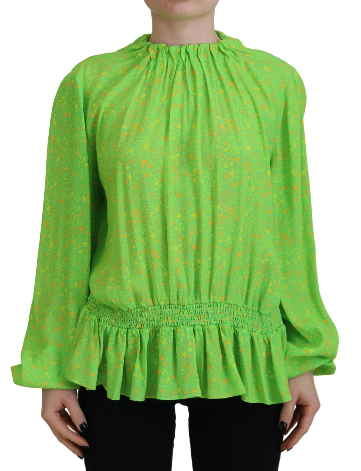- Green Stars Print Viscose Long Sleeves Blouse Top