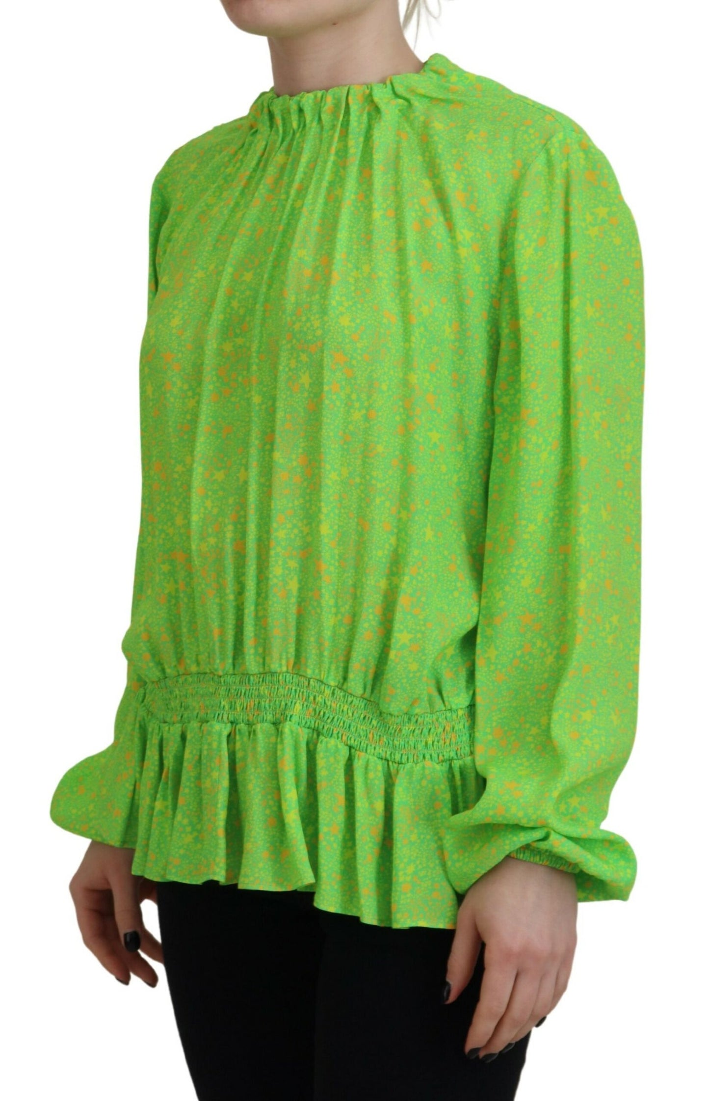 - Green Stars Print Viscose Long Sleeves Blouse Top