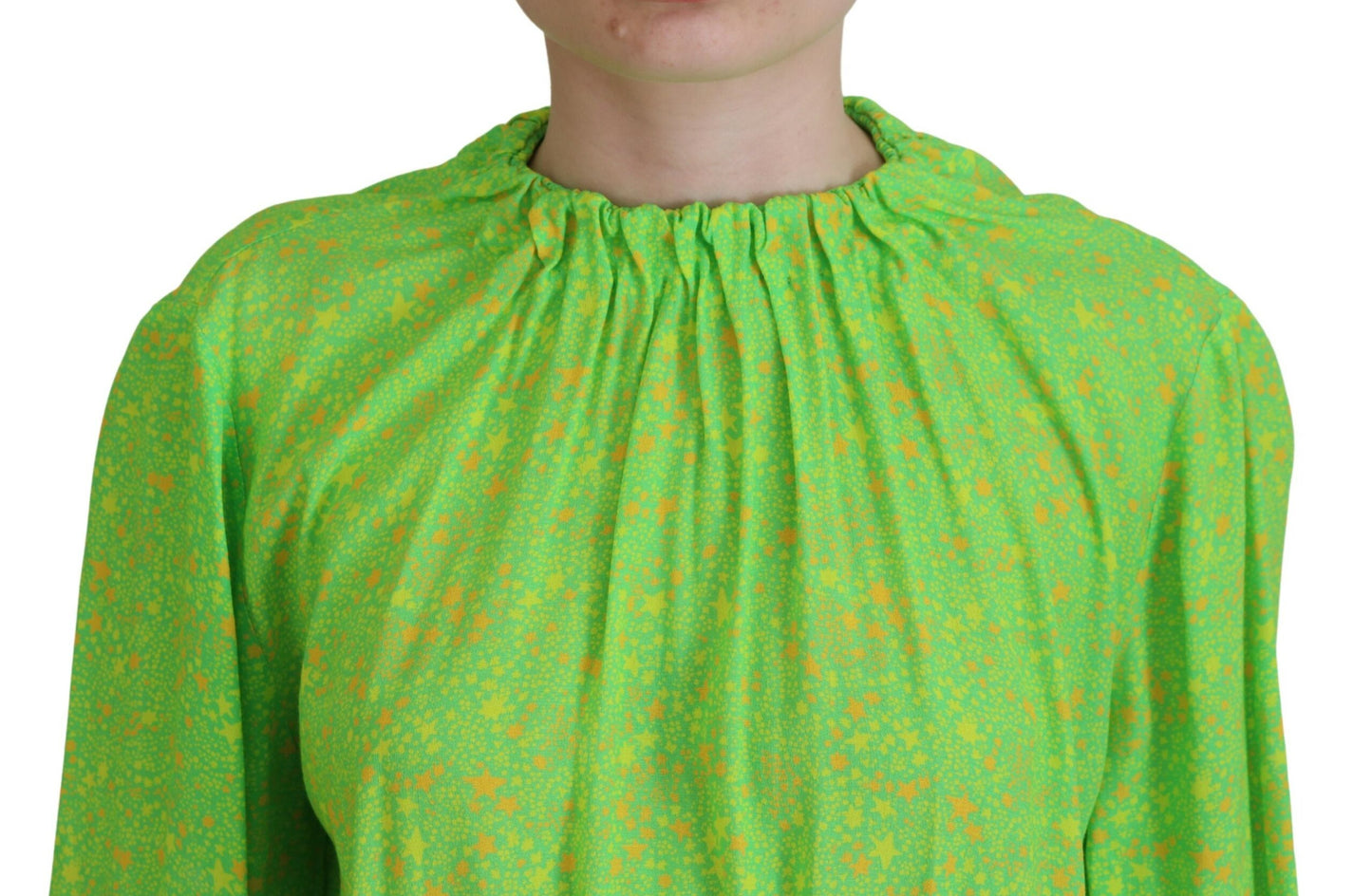 - Green Stars Print Viscose Long Sleeves Blouse Top