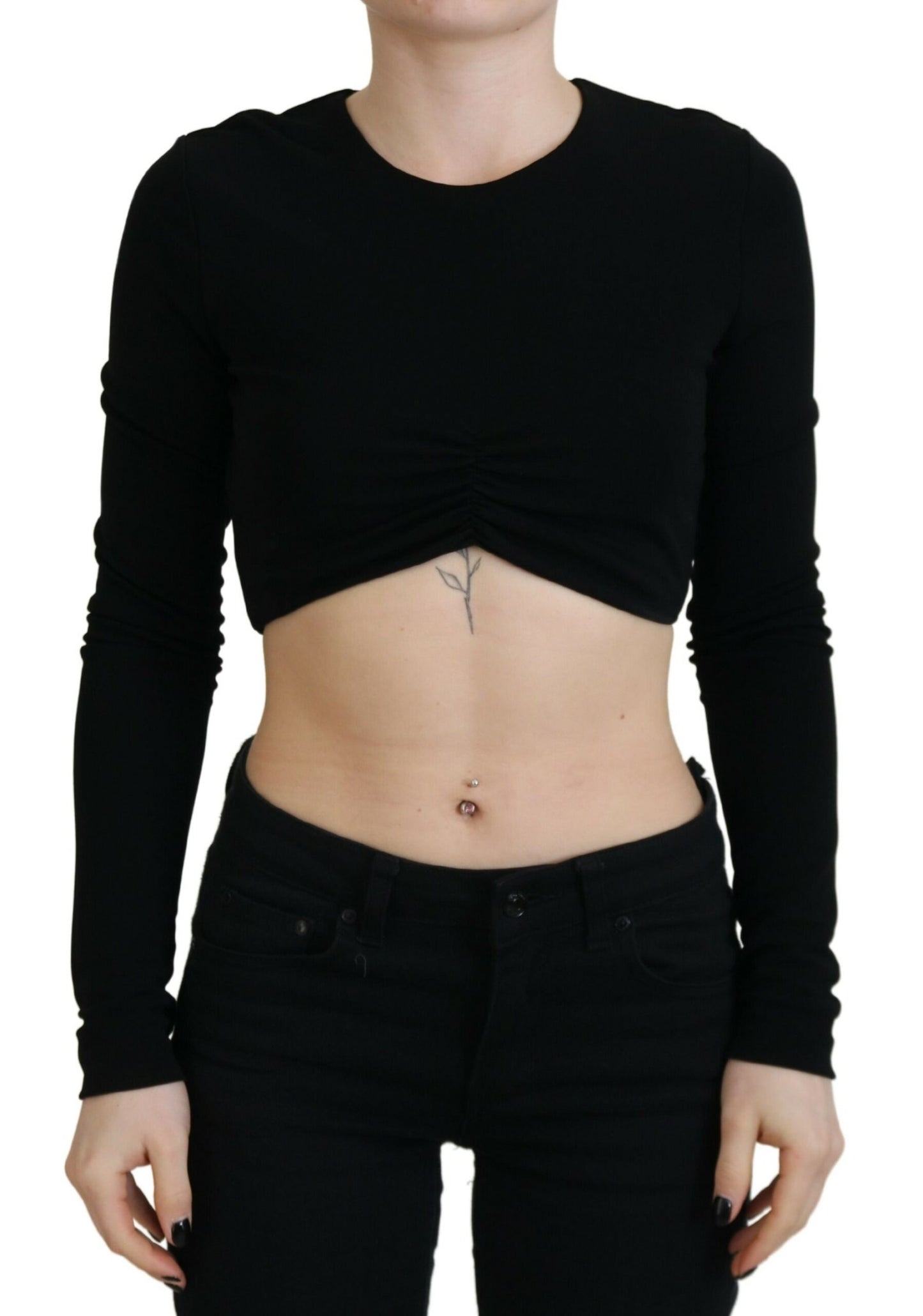 - Black Viscose Cropped Round Neck Long Sleeves Top