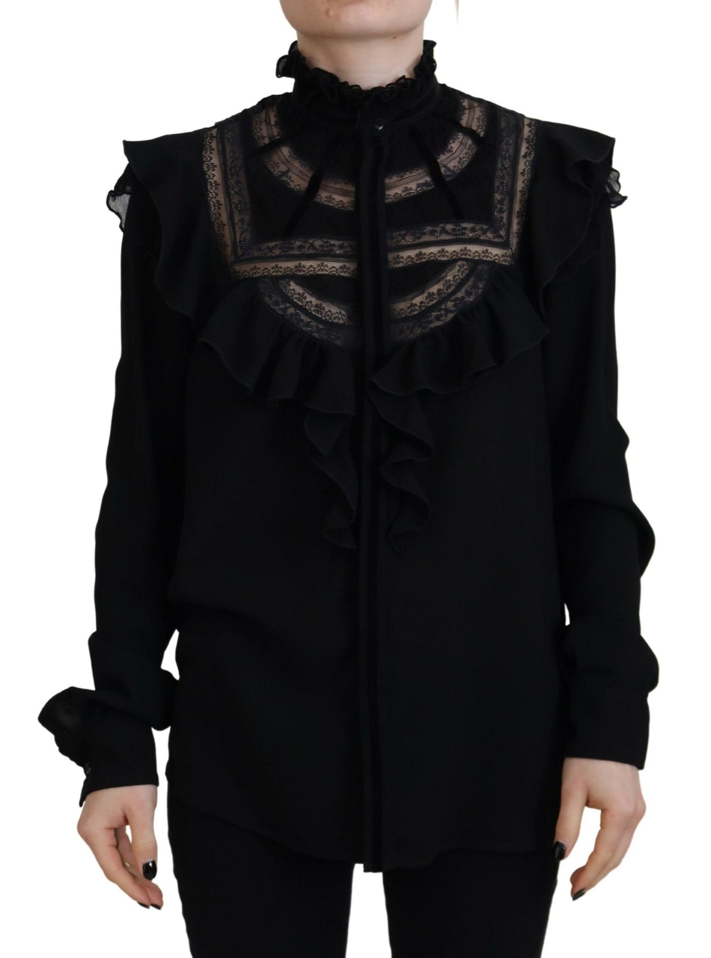 - Black Lace Trim Turtle Neck Long Sleeves Top