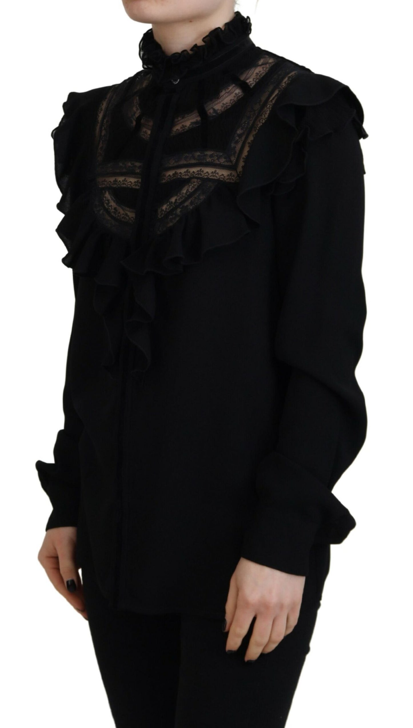 - Black Lace Trim Turtle Neck Long Sleeves Top