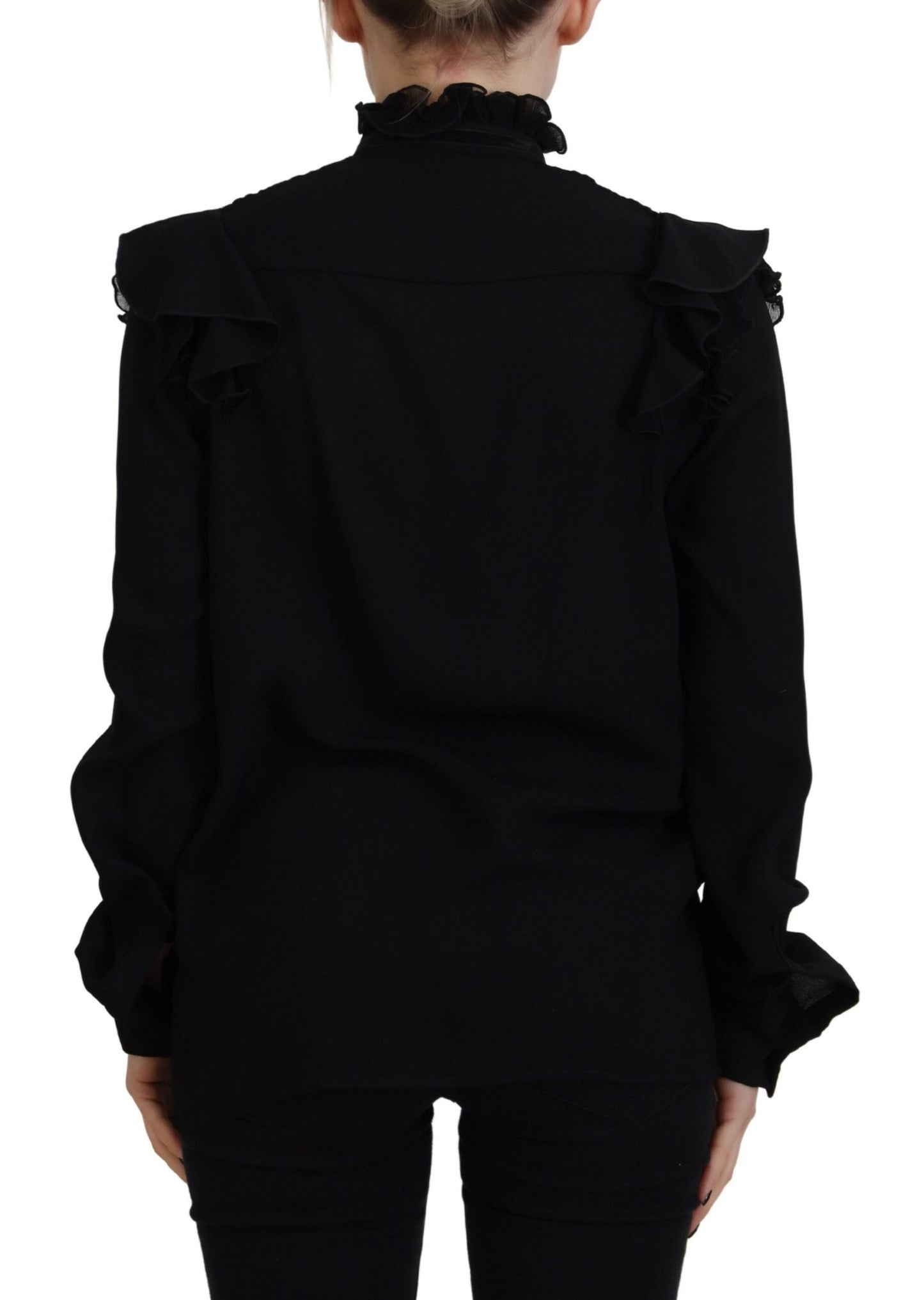 - Black Lace Trim Turtle Neck Long Sleeves Top