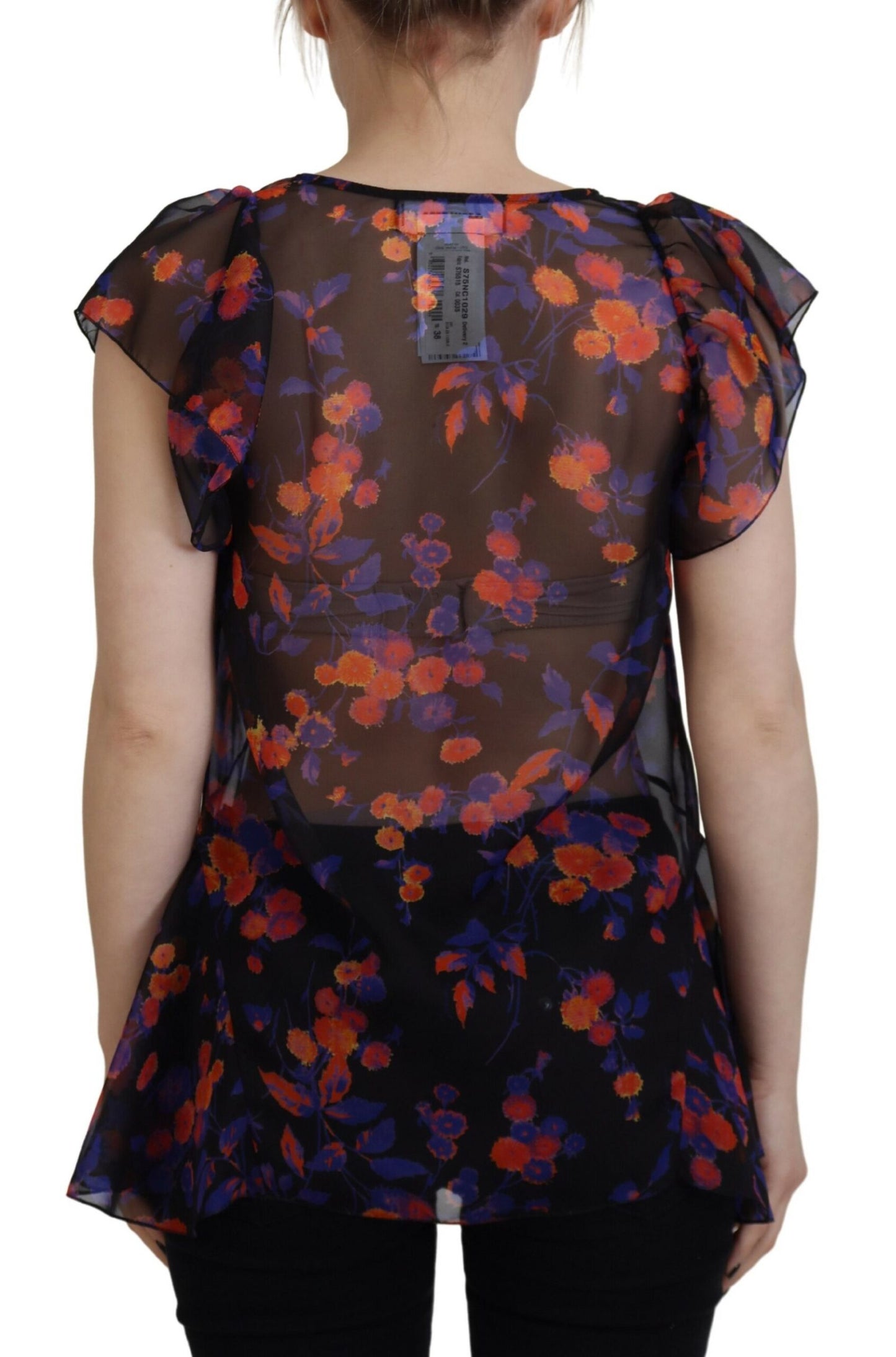 - Black Floral Print Short Sleeves V-neck Blouse Top