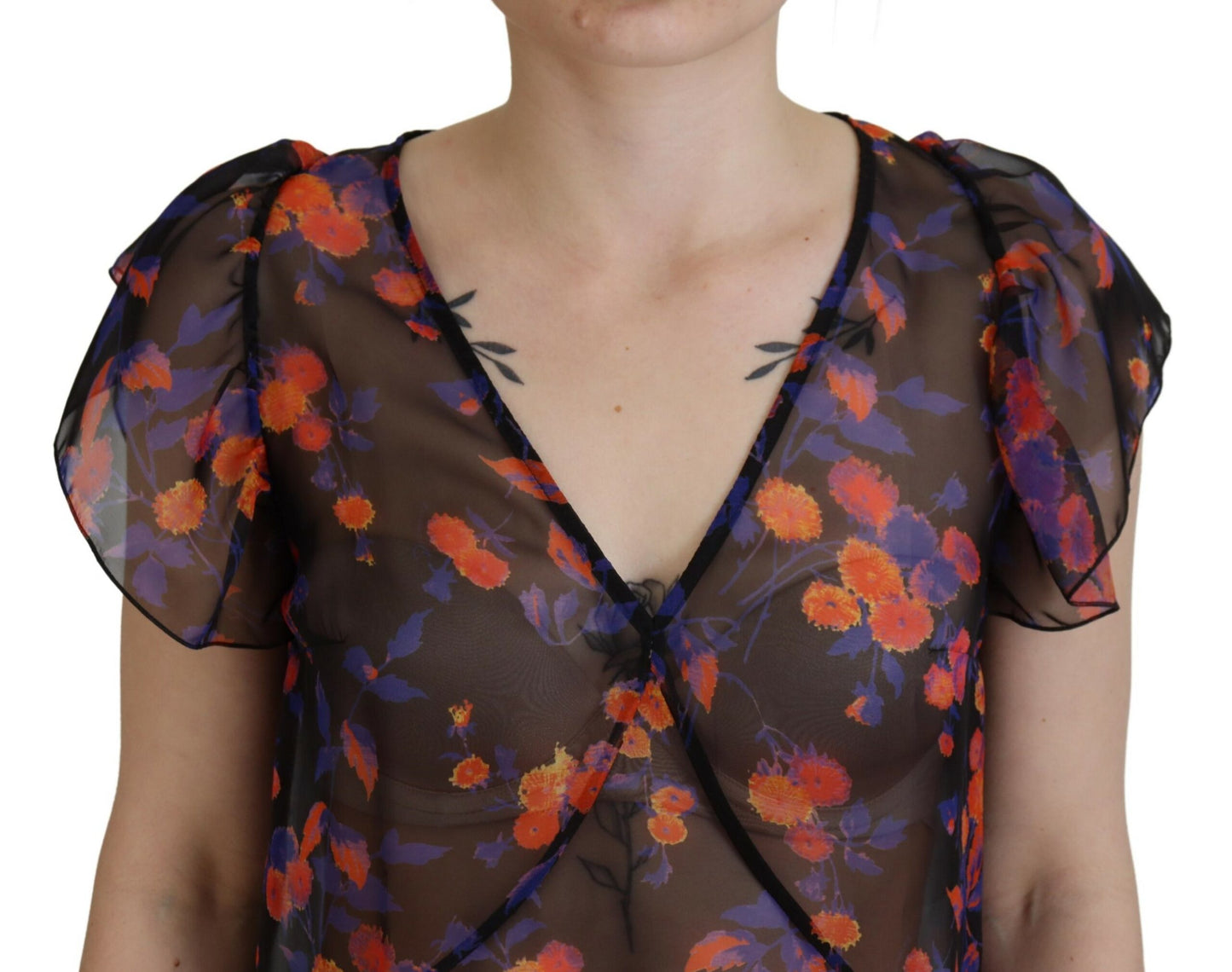 - Black Floral Print Short Sleeves V-neck Blouse Top