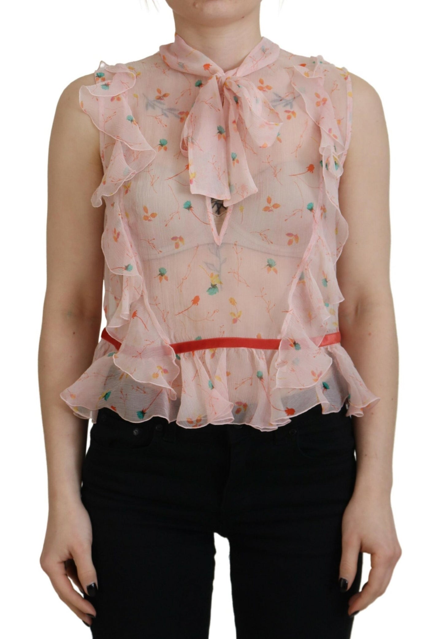 - Pink Floral Print Silk Sleeveless Ascot Collar Top